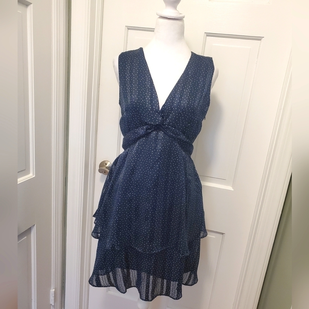 NWT BANANA REPUBLIC Chiffon Ruffels Tiered Dress Navy Polka Dots 4 Ret. $89.99